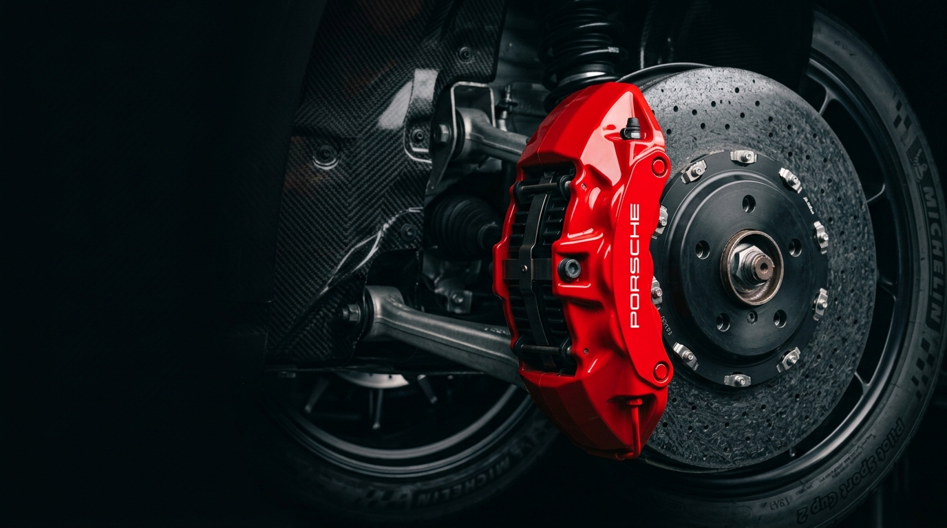 High performance carbon ceramic brake disc with red caliper background